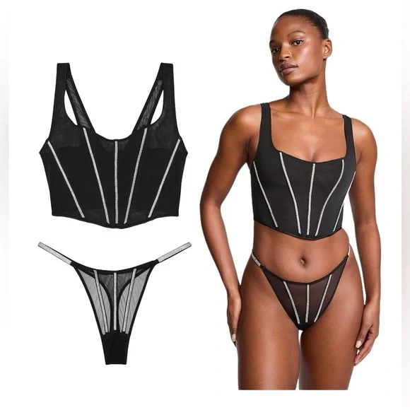 VICTORIA’S SECRET VERY SEXY
VS Sheer Shine Corset Top & Thong Panty Black - Picture 4 of 12